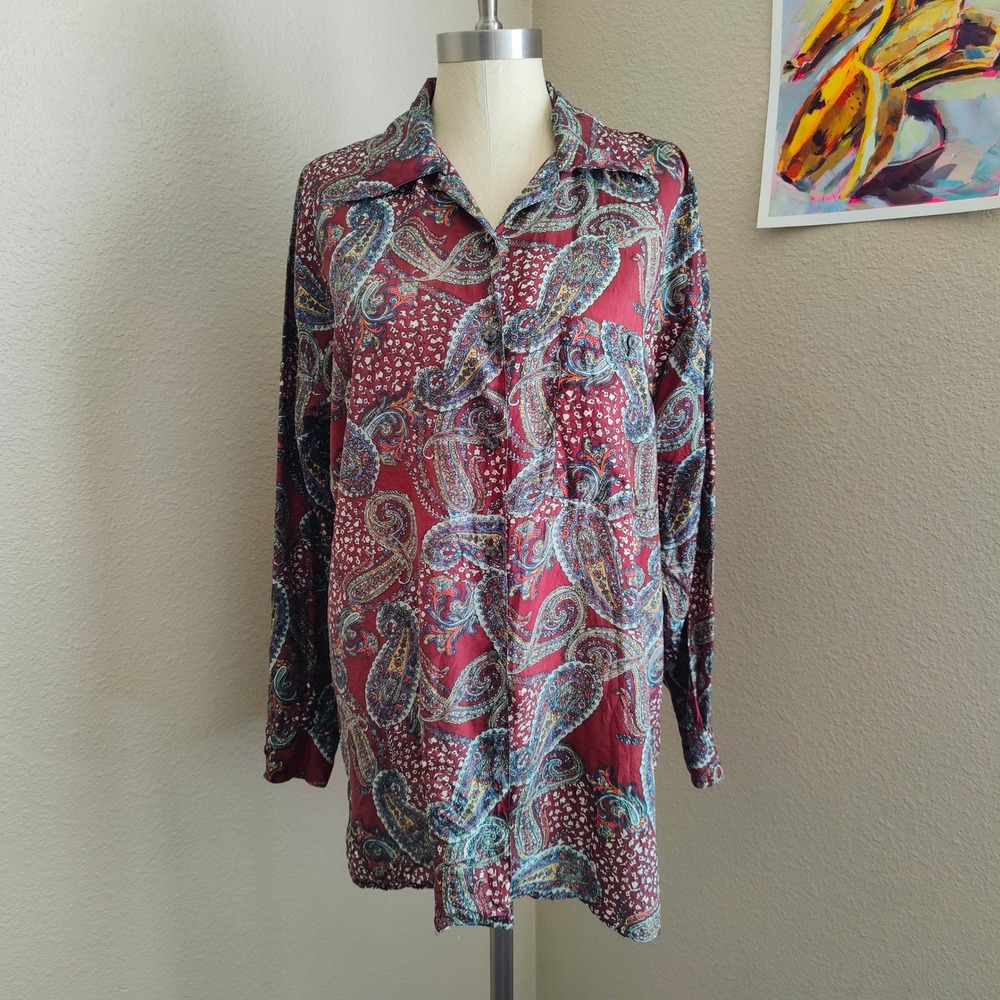 Vintage Robert Stock 100% Silk Paisley Button Up Shirt Burgundy Boho Blouse M